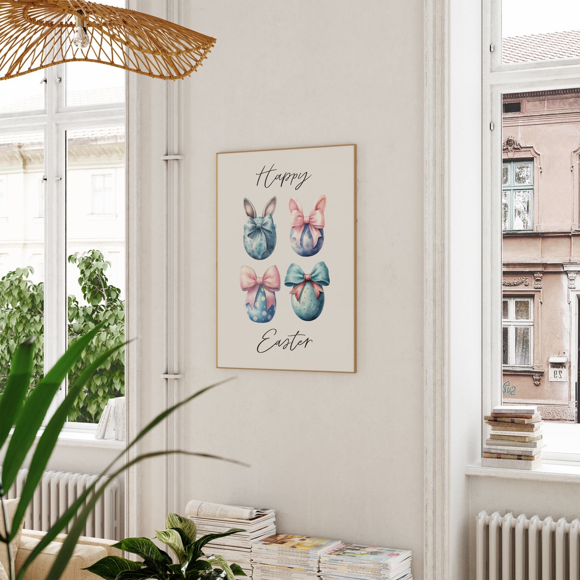 Happy Easter Bunny Ear Eggs with Pink Bows Watercolor Poster - Image 3