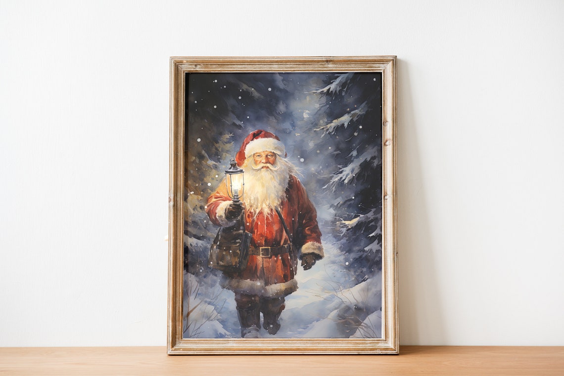 Vintage Santa Art Santa Claus Antique Painting Retro Santa Print Christmas Painting Vintage Snow Landscape Winter Wall Art - Image 3