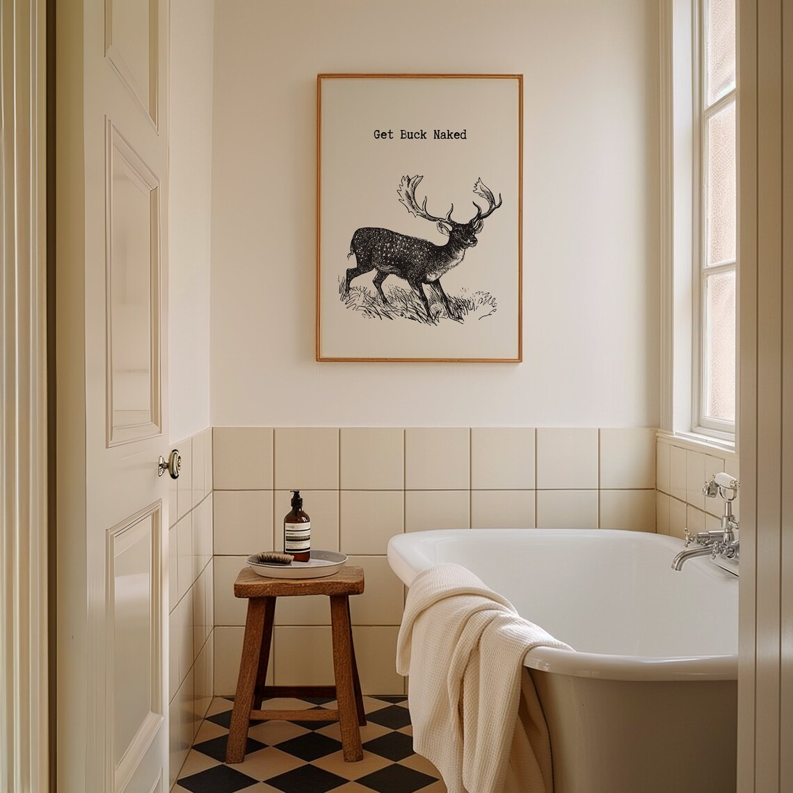 Get Buck Naked Vintage Deer Engraving Funny Bathroom Wall Poster - Image 5
