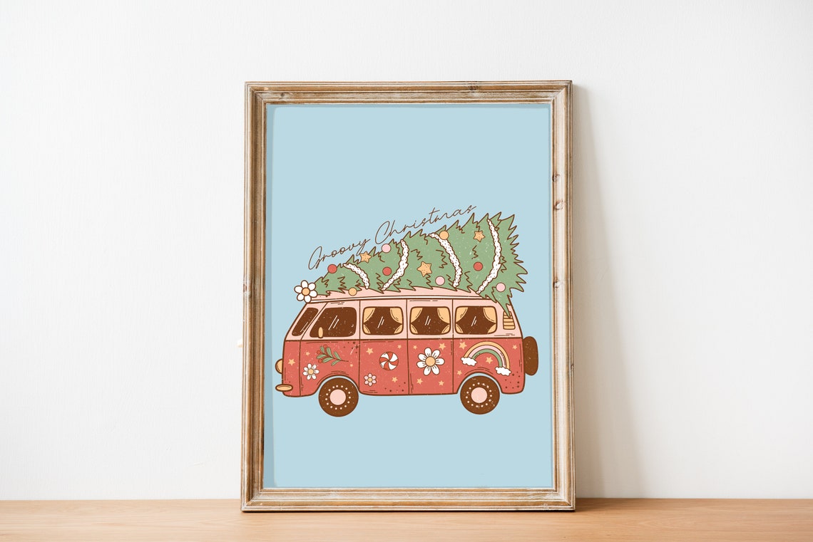 Groovy Christmas Retro Van Carrying Trees Colorful Holiday Poster - Image 2