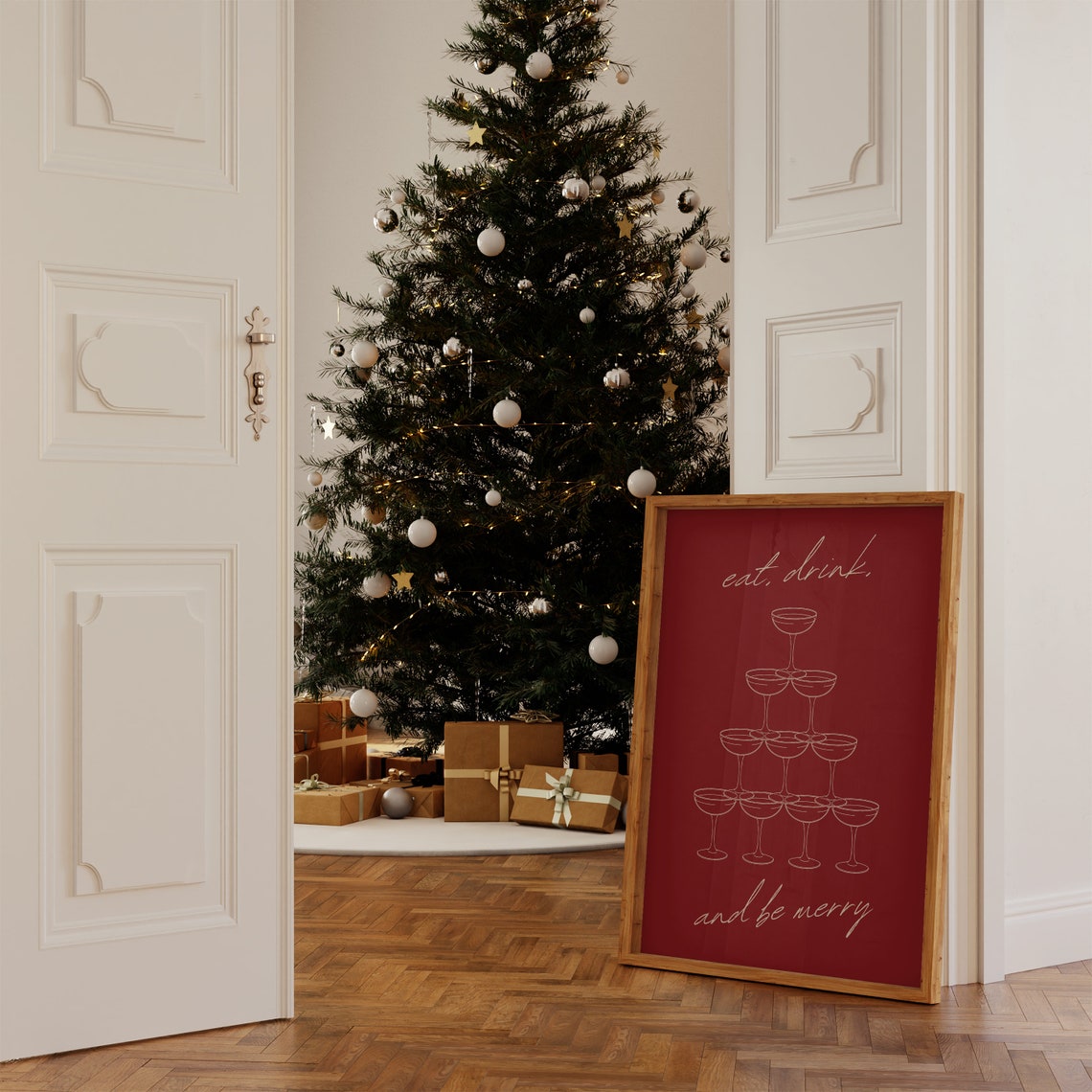 Eat Drink And Be Merry Champagne Tower Red Holiday Toast Poster - Image 3