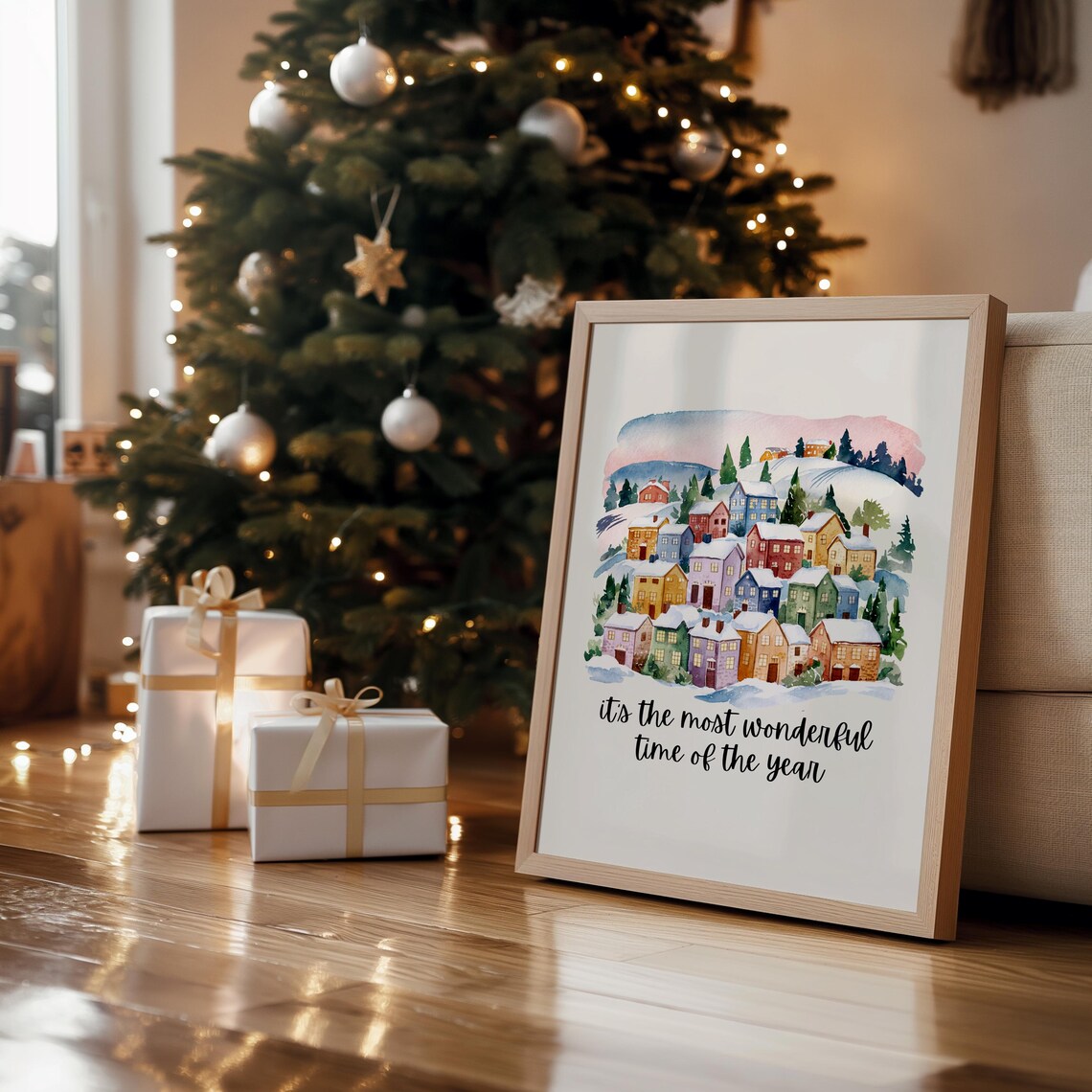 Watercolor Snowy Village Most Wonderful Time of Year Christmas Poster - Image 2