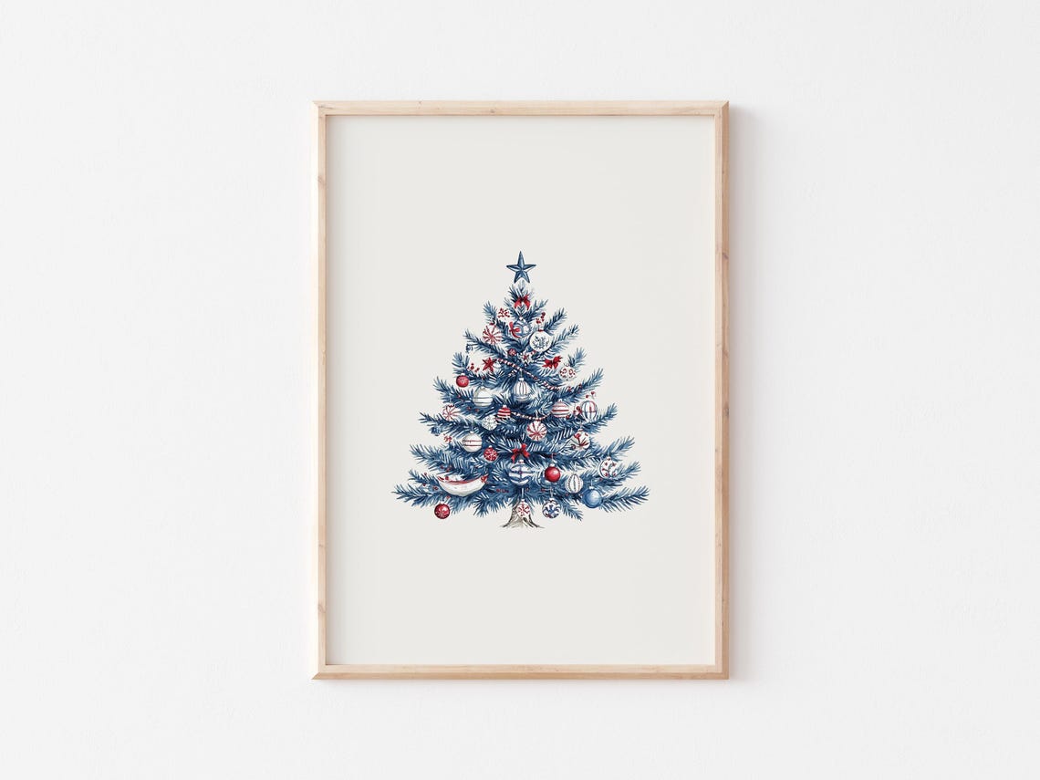 Nautical Christmas Tree Watercolor Blue Coastal Holiday Decor Poster - Image 3