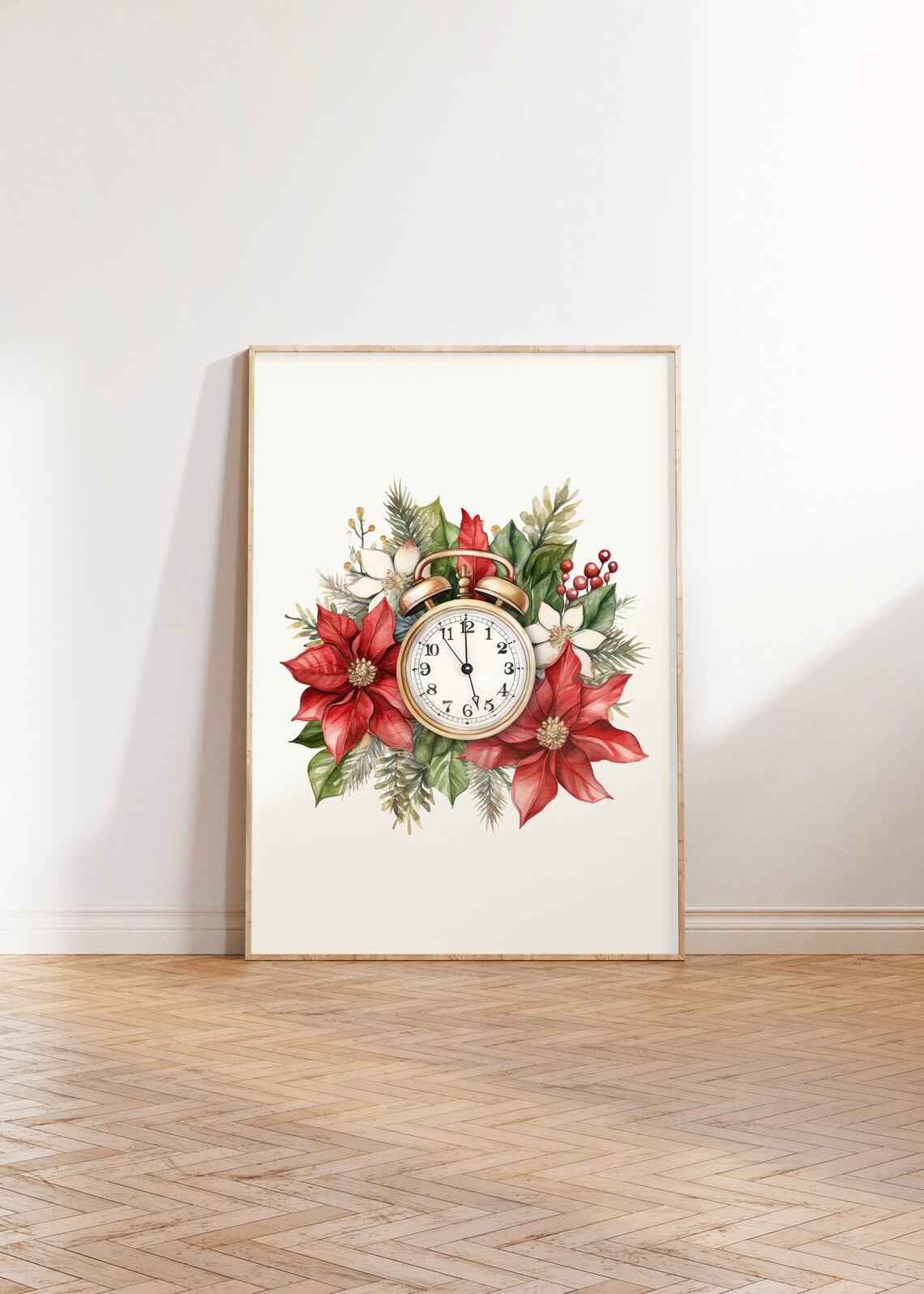 Vintage Alarm Clock With Red Poinsettias Christmas Floral Poster - Image 3