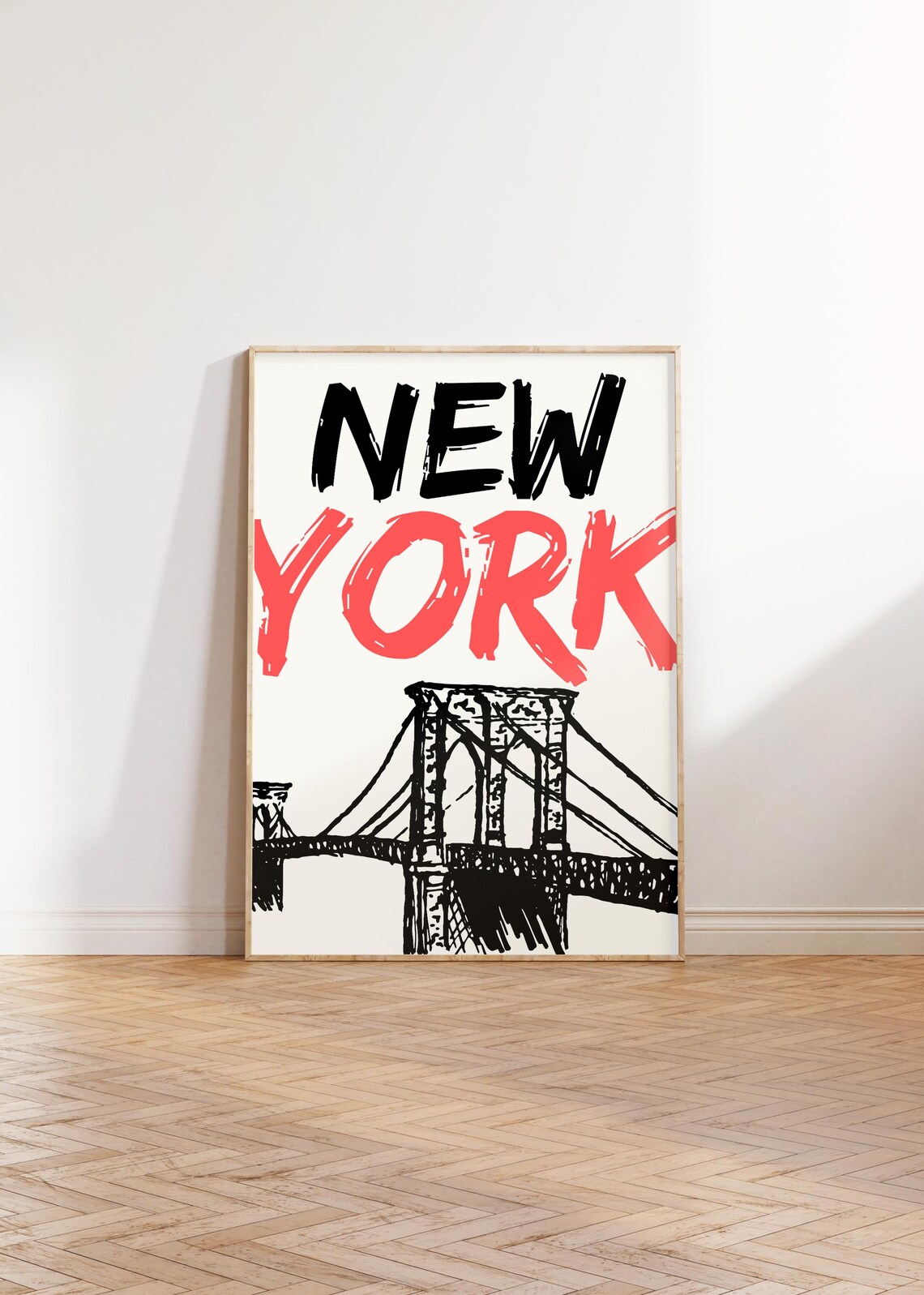 New York City Brooklyn Bridge Red Brush Lettering Sketch Poster - Image 5