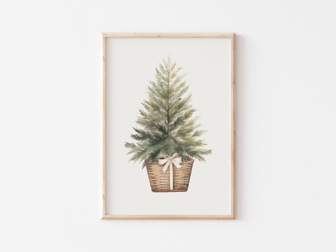 Watercolor Evergreen Tree In Wicker Basket Minimalist Christmas Poster - Image 2