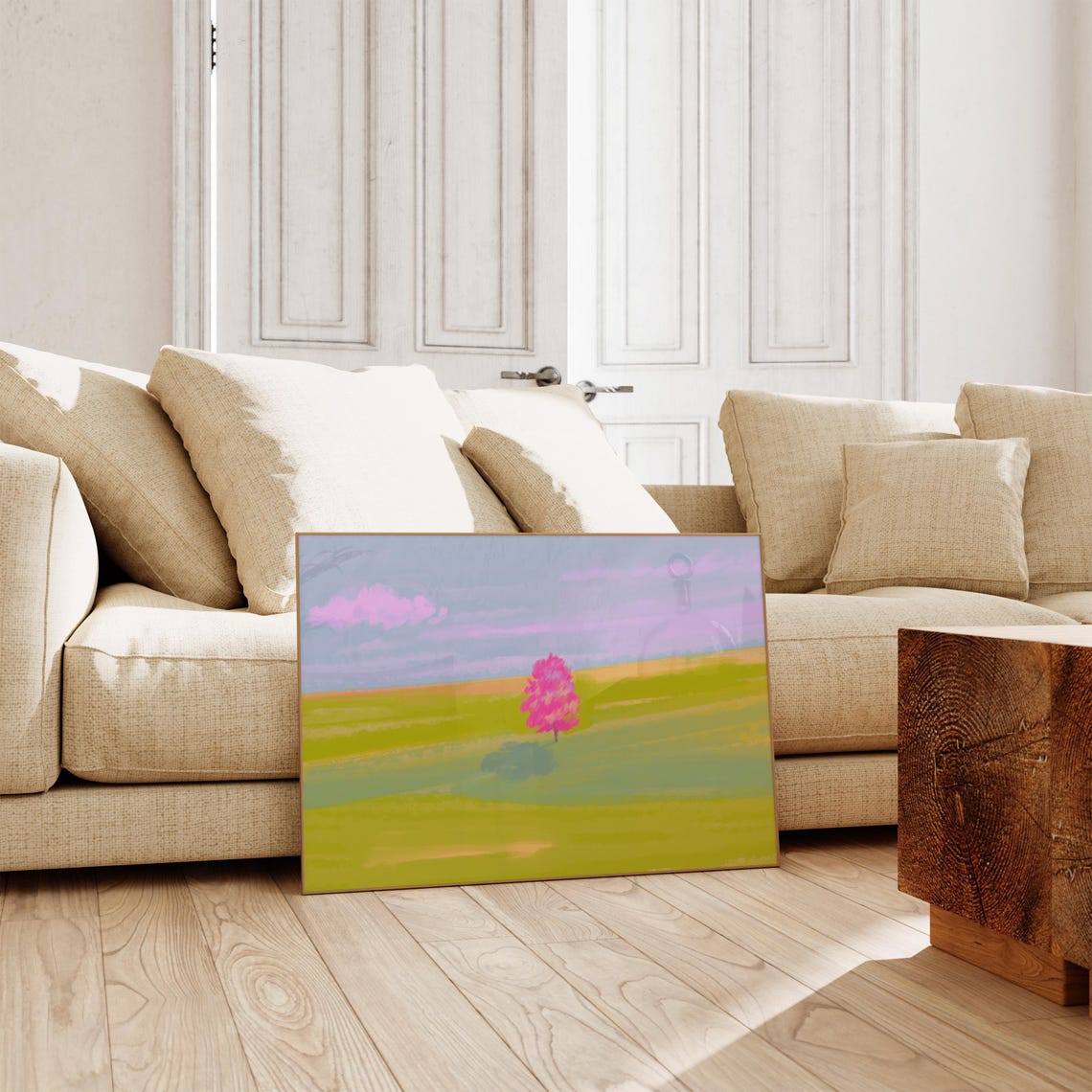 Pink Tree Green Meadow Minimalist Modern Landscape Art Poster - Image 3
