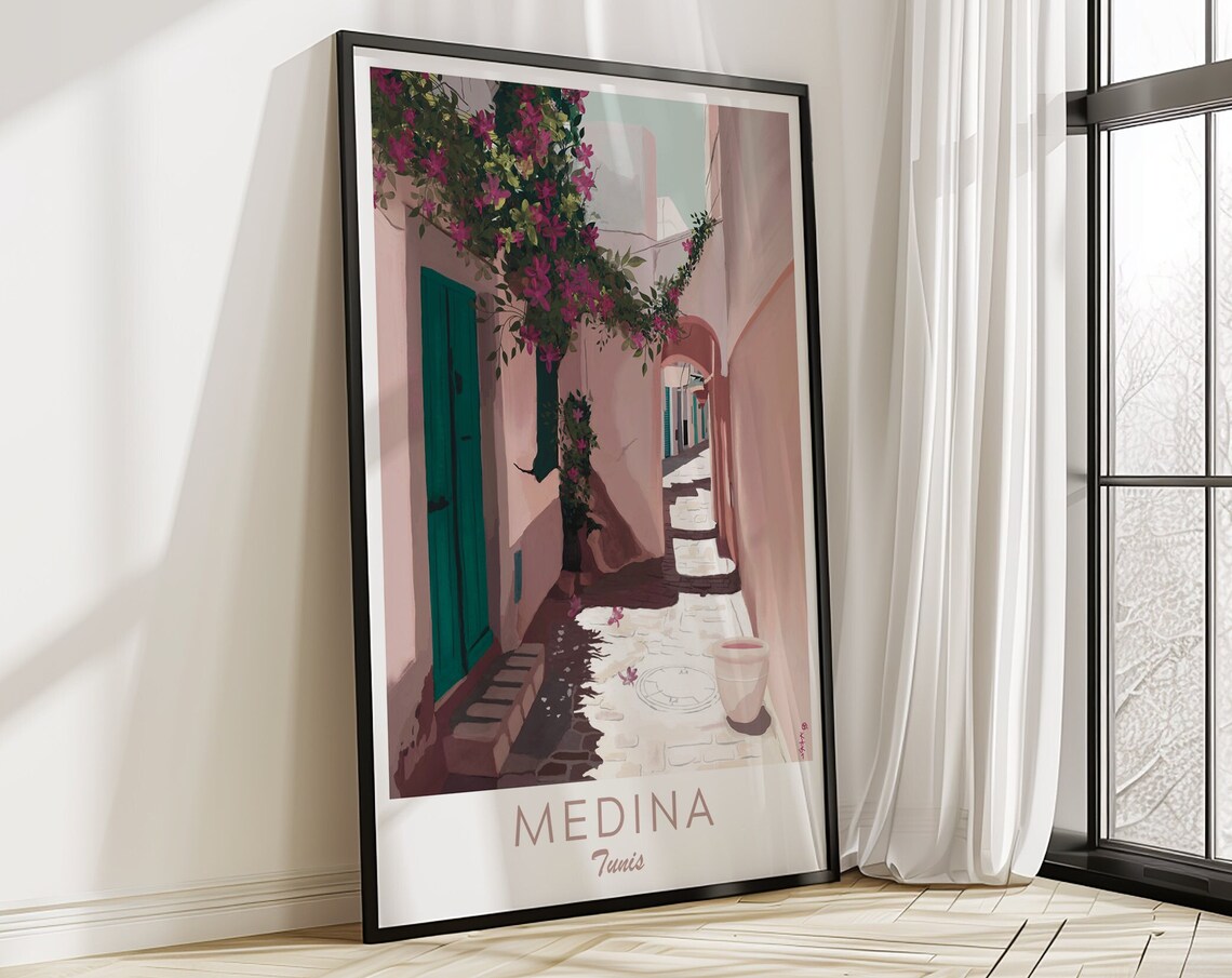 Medina Tunis Bougainvillea Alley Teal Door Whitewashed Walls Poster