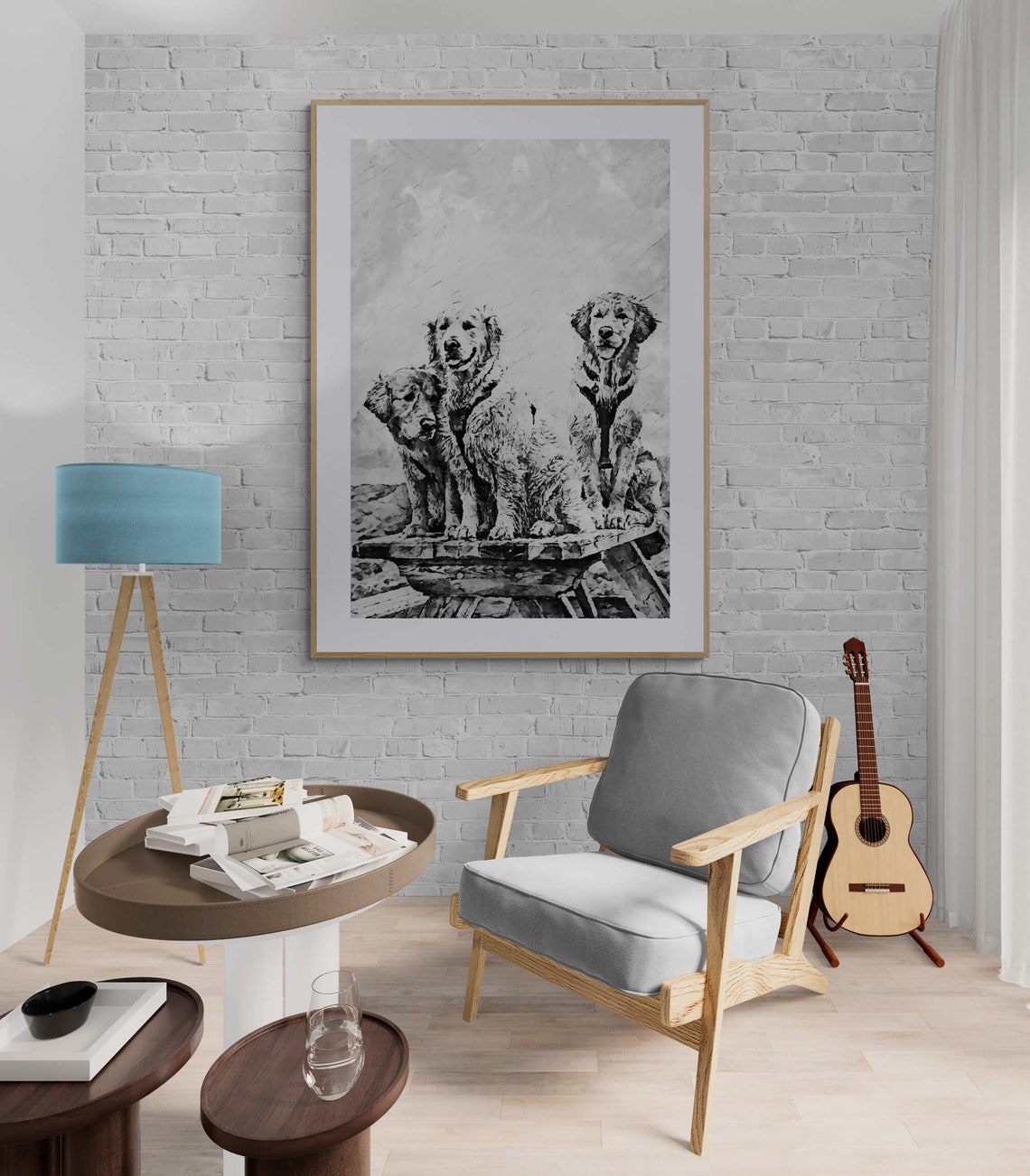 Three Cute Golden Retrievers Black White Sketch Dog Art Poster - Image 7