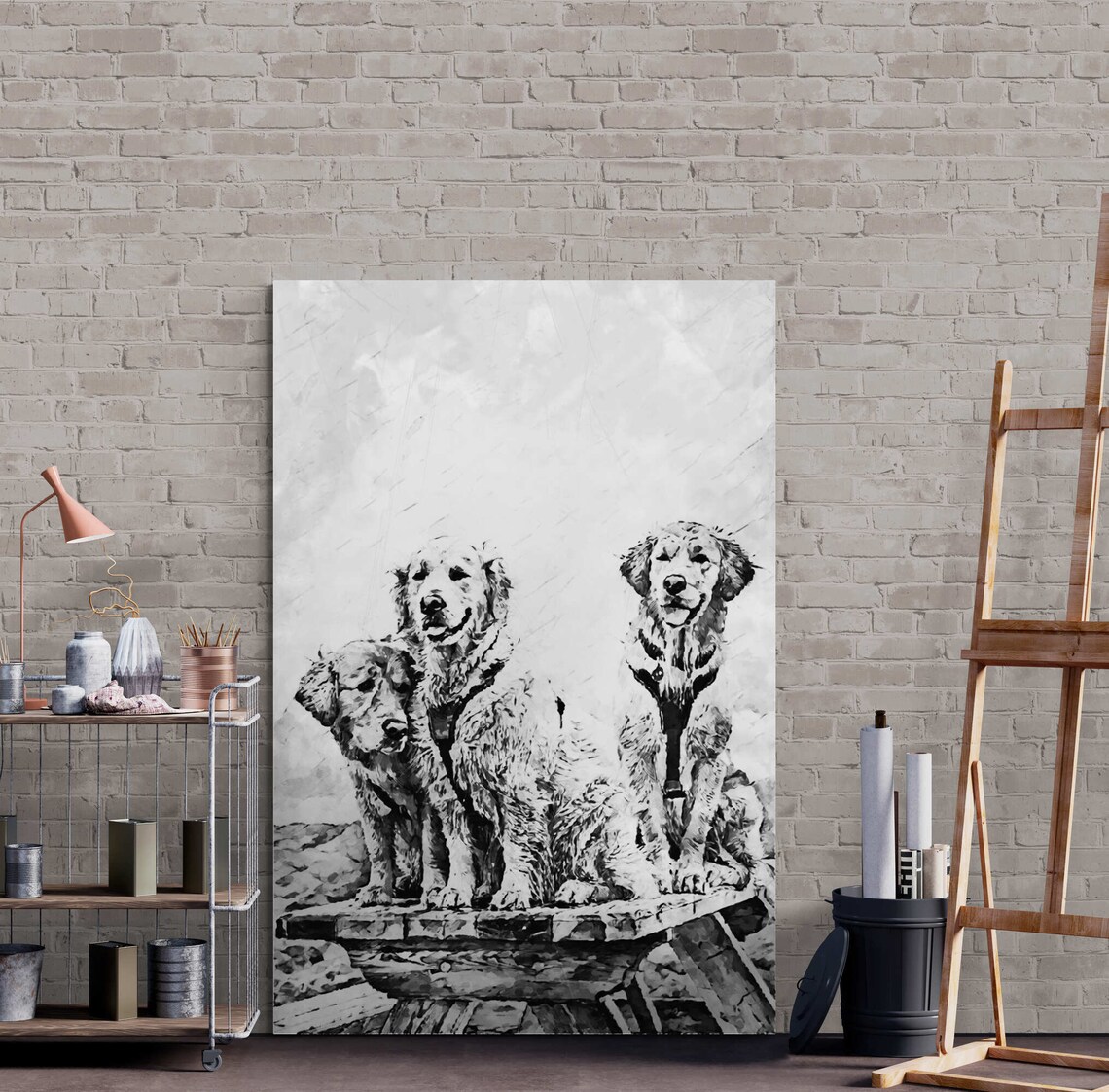 Three Cute Golden Retrievers Black White Sketch Dog Art Poster - Image 3