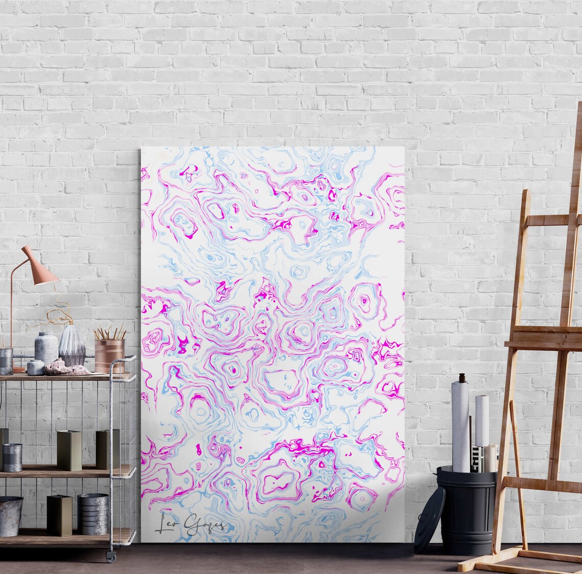 Magenta and Sky Blue Fluid Marble Swirl Abstract Line Art Print - Image 5