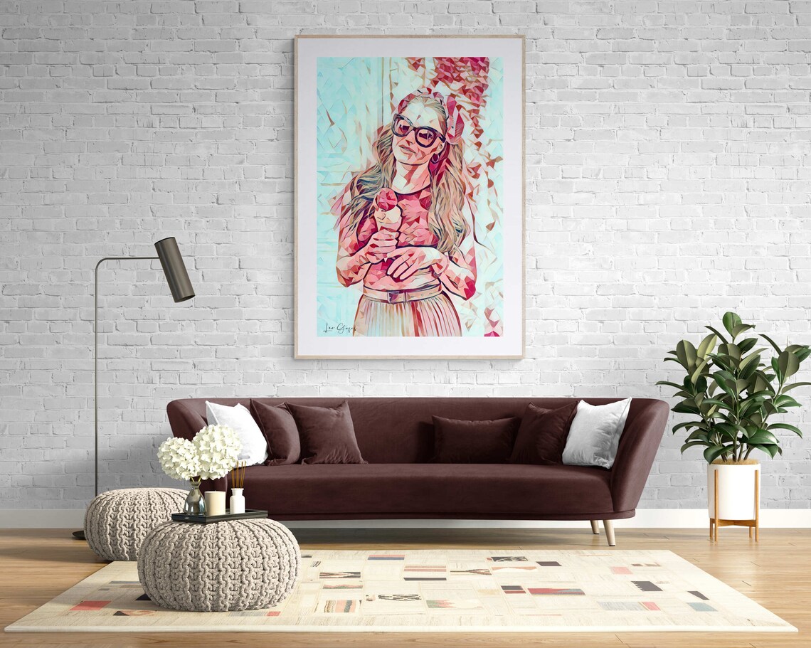 Woman With Sunglasses Eating Ice Cream Fun Geometric Art Poster - Image 2