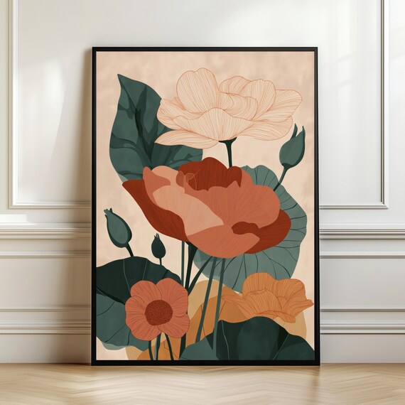 Elegant Terracotta Poppy Flowers Botanical Wall Art for Living Room