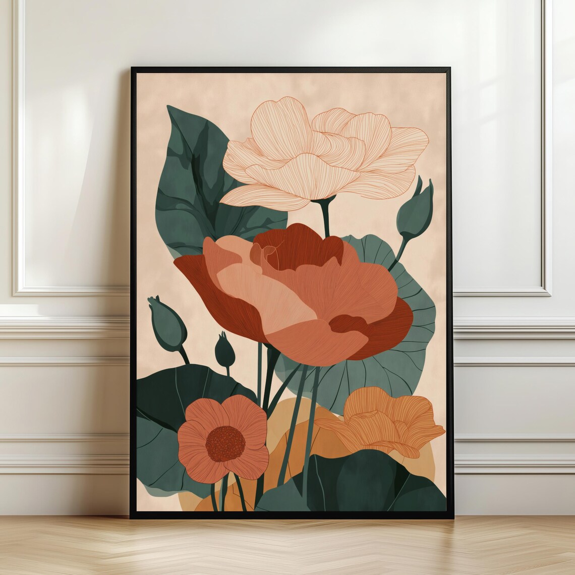 Elegant Botanical Wall Art Print Mid Century Floral Poster Japandi Minimal Flower Decor Terracotta Green Boho Artwork Digital Downoad