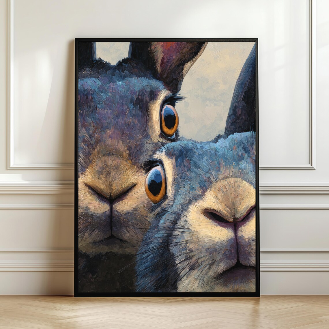 Close Up Two Curious Bunnies Big Amber Eyes Textured Art Poster