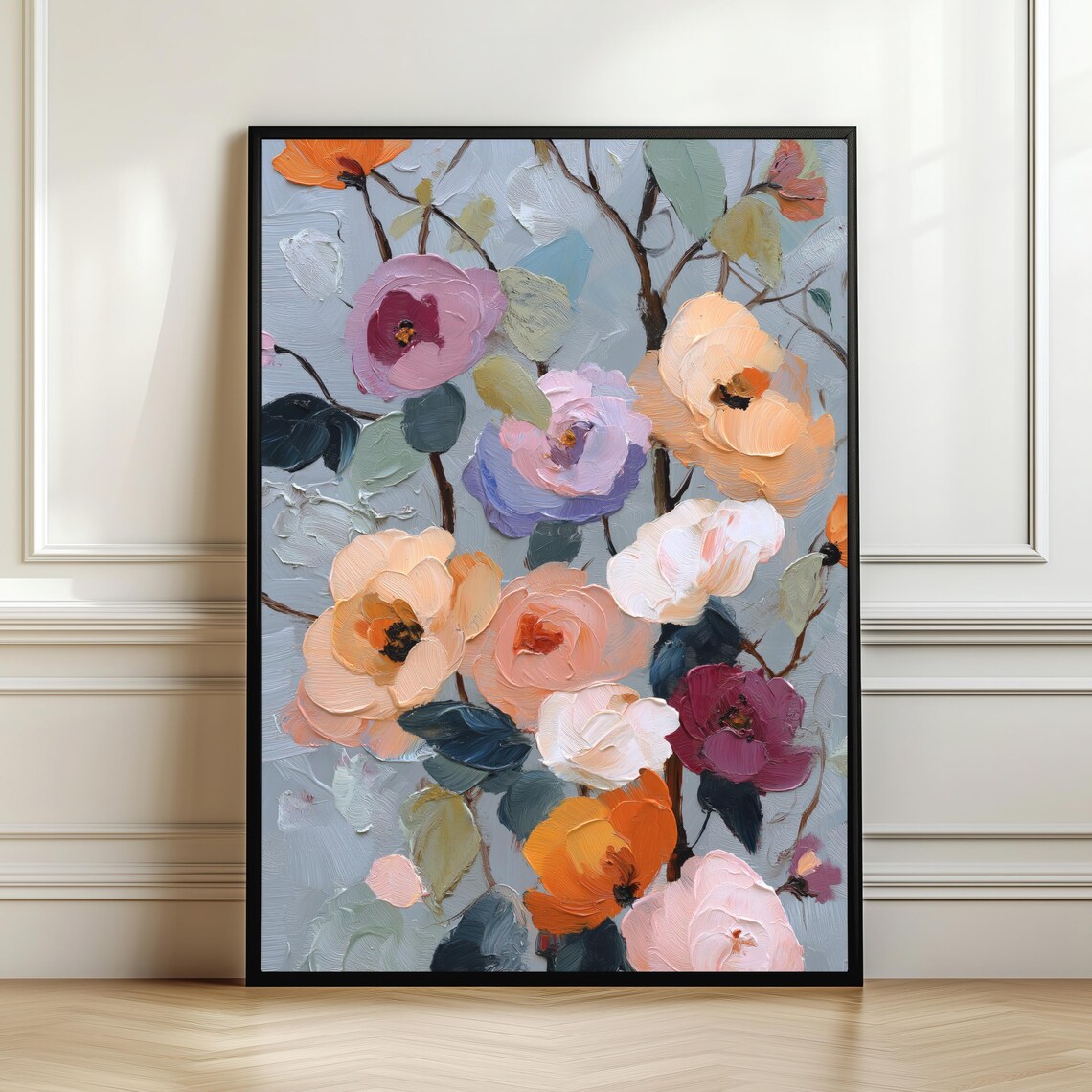Abstract Floral Oil Painting Pastel Peonies Roses Impressionist Bouquet Wall Art