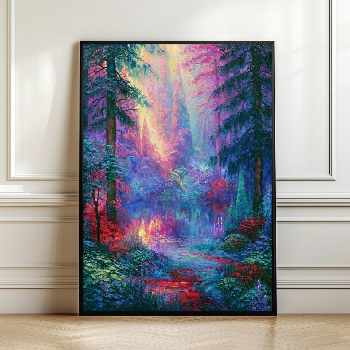Dreamy Enchanted Forest Lake Colorful Woodland Water Reflection Wall Art
