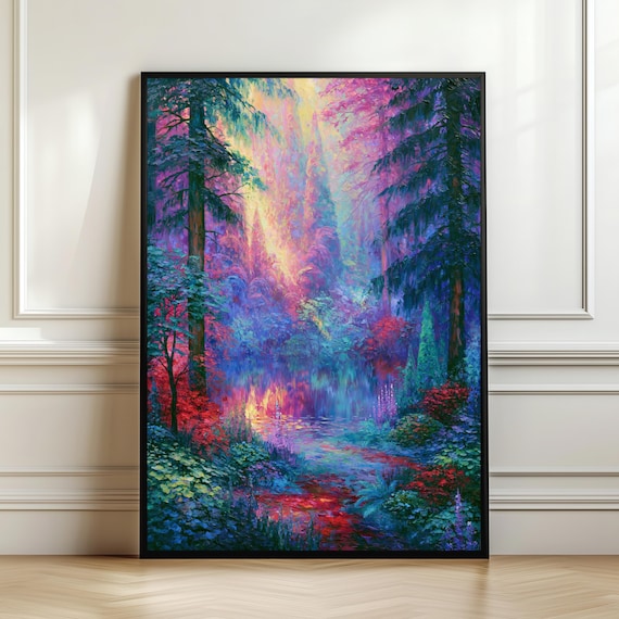 Dreamy Enchanted Forest Lake Colorful Woodland Water Reflection Wall Art