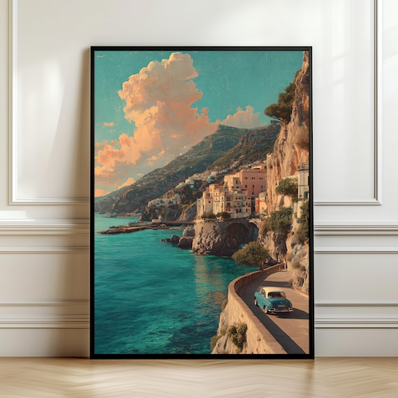 Amalfi Coast Vintage Car Cliffside Town Turquoise Sea Retro Travel Poster
