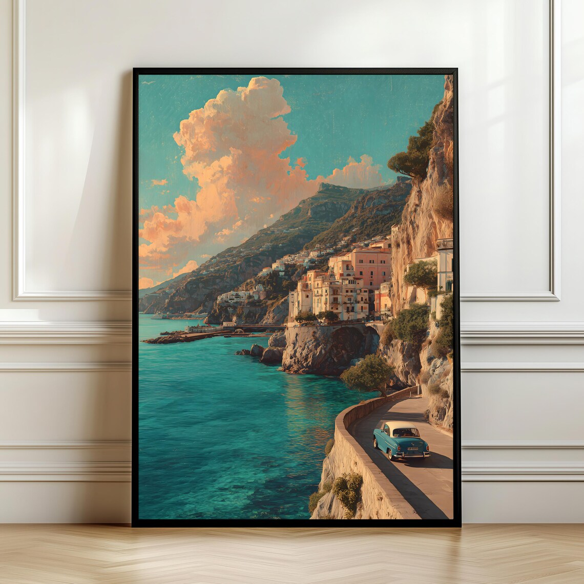 Amalfi Coast Vintage Car Cliffside Town Turquoise Sea Retro Travel Poster