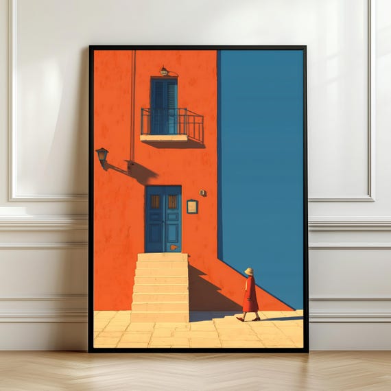Minimalist Architectural Wall Art Terracotta Building With Blue Door Poster Modern Coastal Geometry Home Decor Print Digital Download