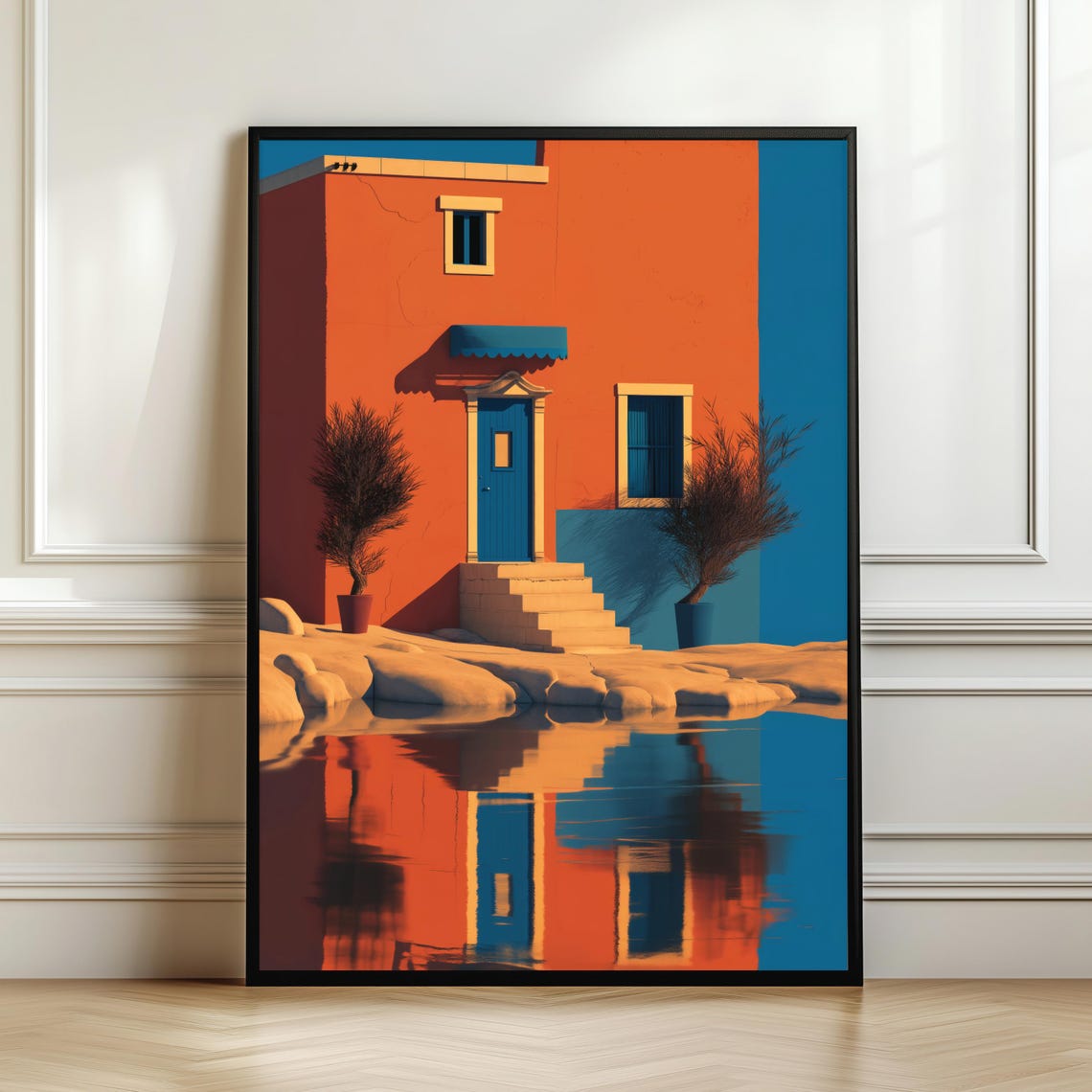 Colorful Orange and Blue Coastal House Mediterranean Wall Art