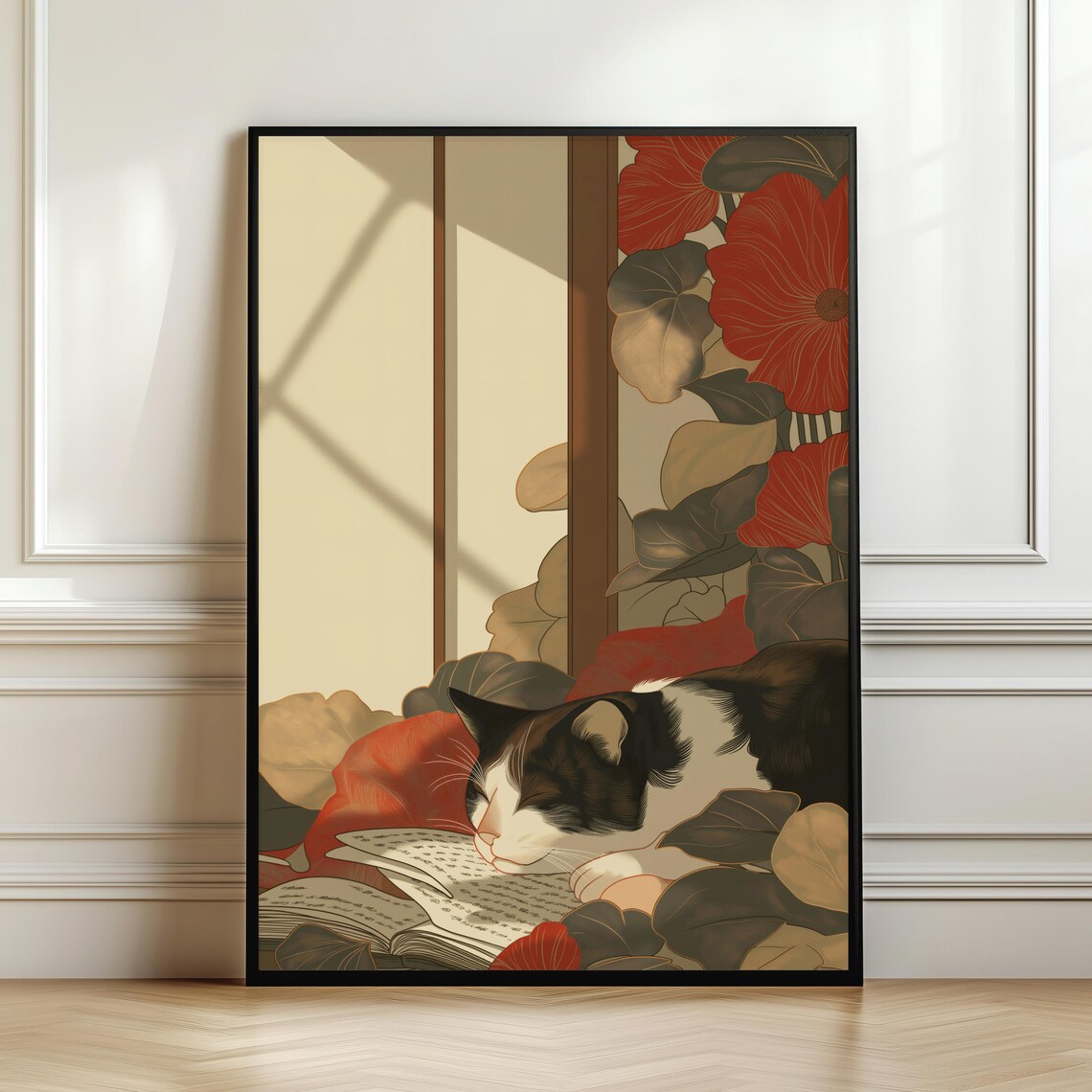 Japanese Floral Cat Poster, Elegant Red Flower Decor
