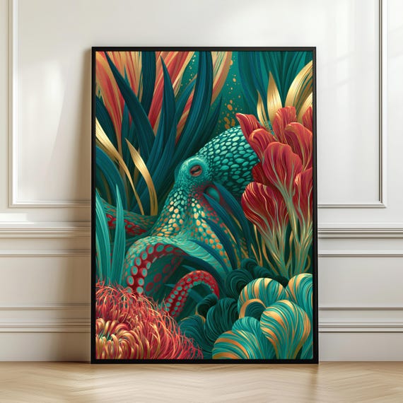 Luxury Octopus Wall Art Coastal Ocean Decor Teal Coral Reef Print Nautical Marine Artwork Sea Life Gift Digital Download