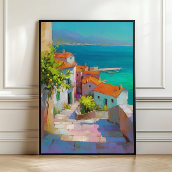 Seaside Village Wall Art Colorful Mediterranean Houses By The Sea Coastal Landscape Print Summer Travel Gift Digital Download