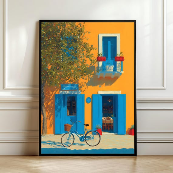 Mediterraneancolorful Wall Art Village Street Print Blue Door Bicycle Poster Summer Travel Decor Coastal Home Digital Download