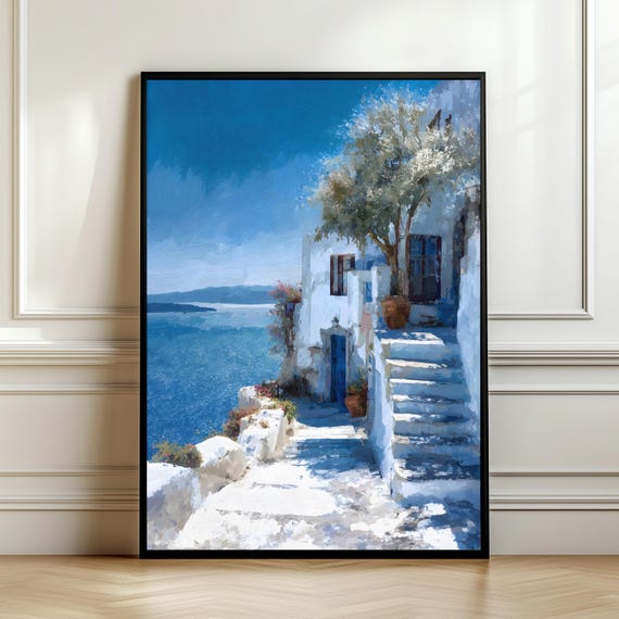 Coastal Stairway Wall Art Sea View Poster Blue White Mediterranean Village Print Summer Travel Decor Gift Digital Download