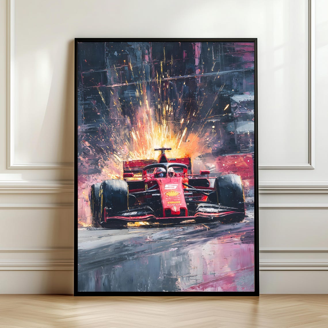 Formula 1 Red Race Car Sparks Explosion Dramatic Racing Art Poster