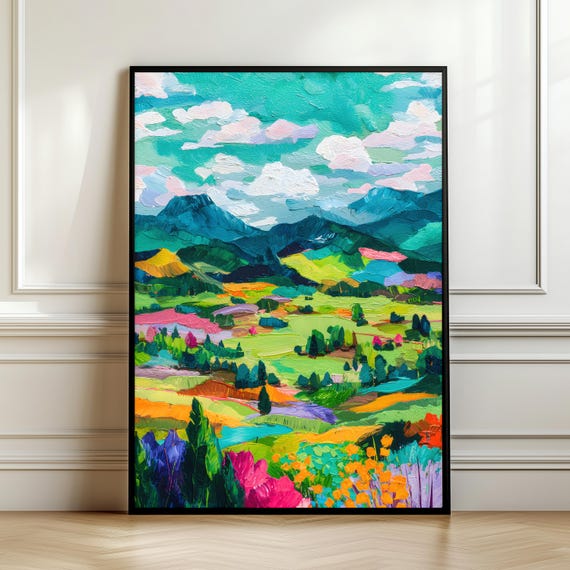 Vibrant Abstract Landscape Painting Colorful Impressionist Wall Art Modern Nature Print Bright Mountain Valley Poster Digital Download