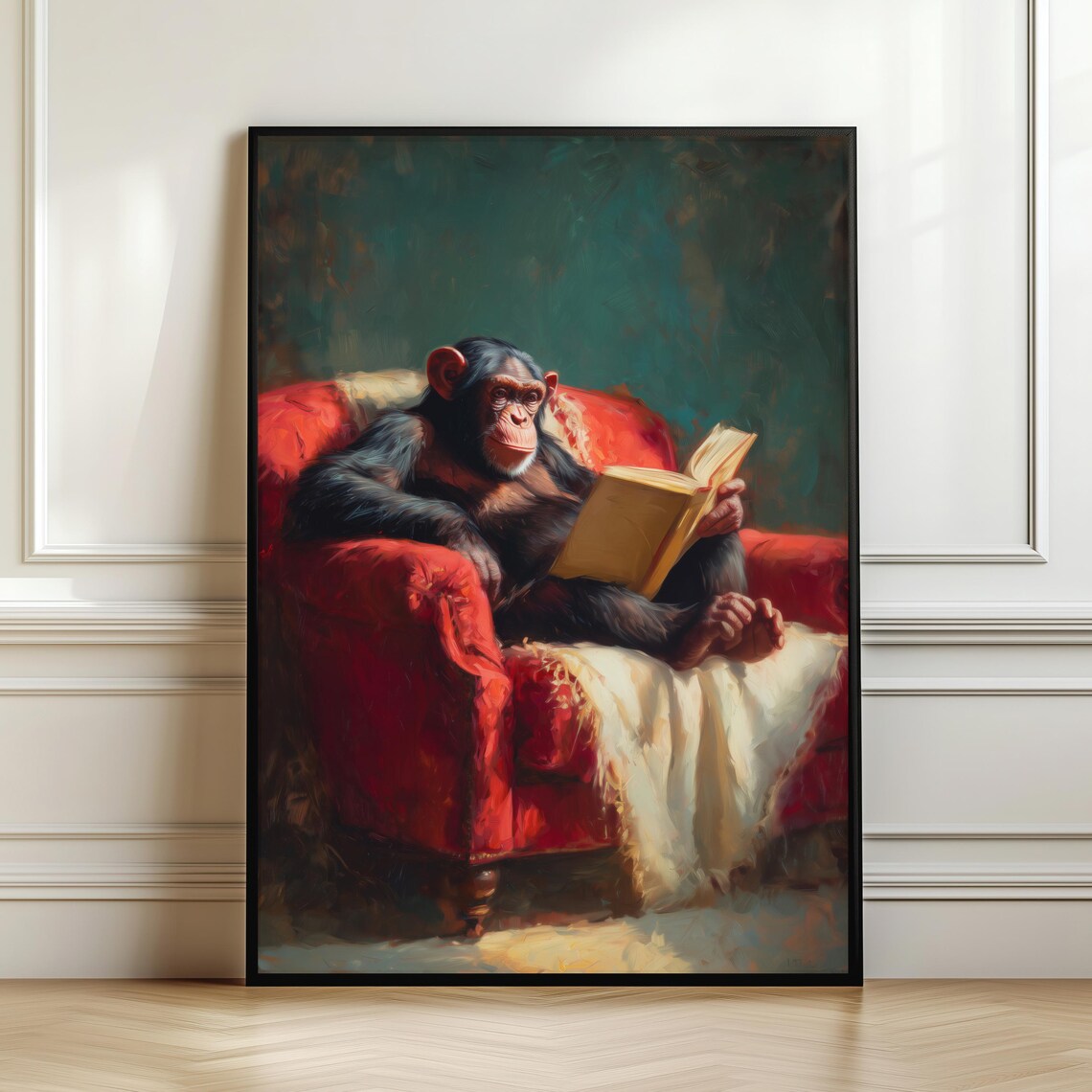 Reading Chimpanzee Book Red Armchair Oil Painting Funny Library Poster