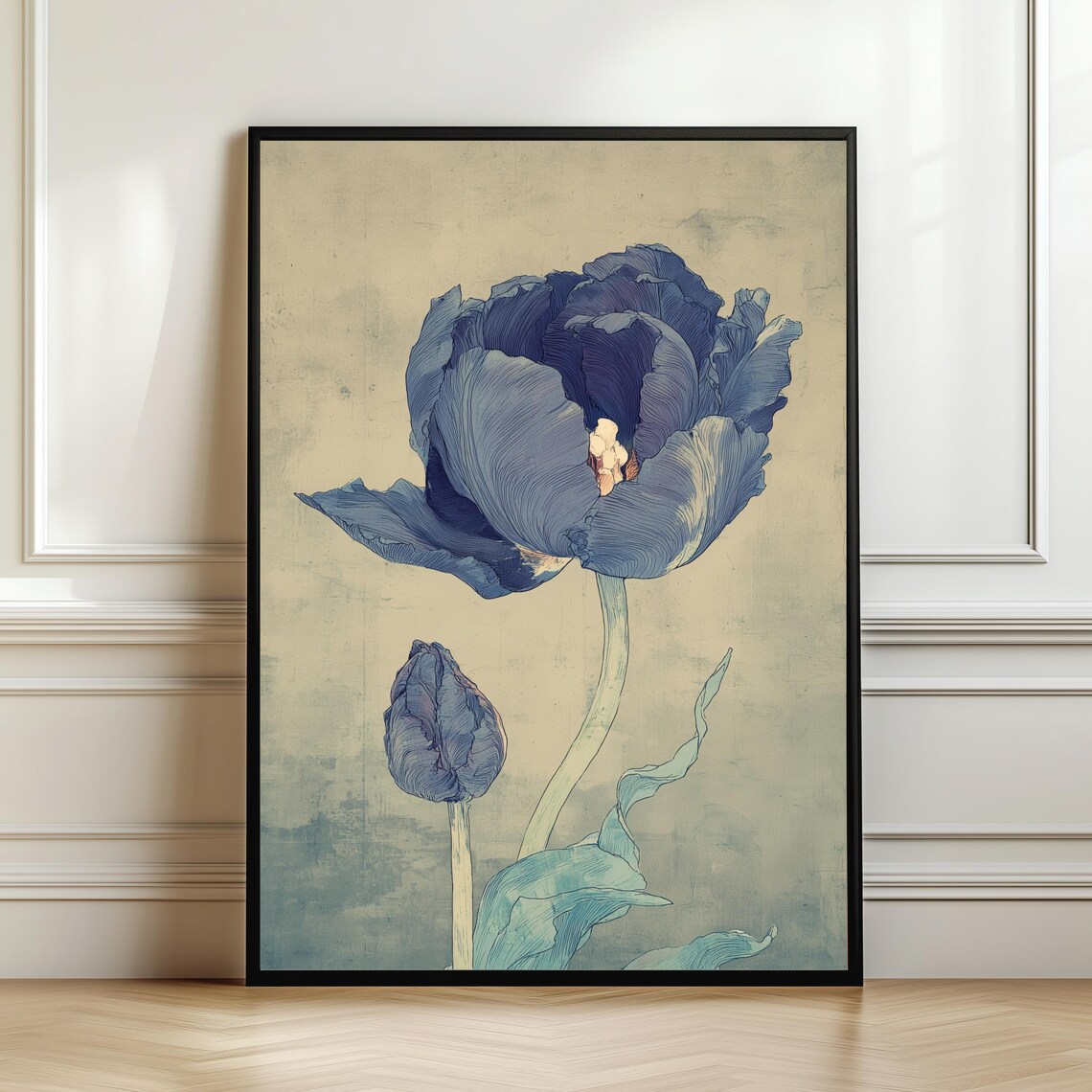 Blue Parrot Tulip Botanical Illustration Vintage Flower Art Poster