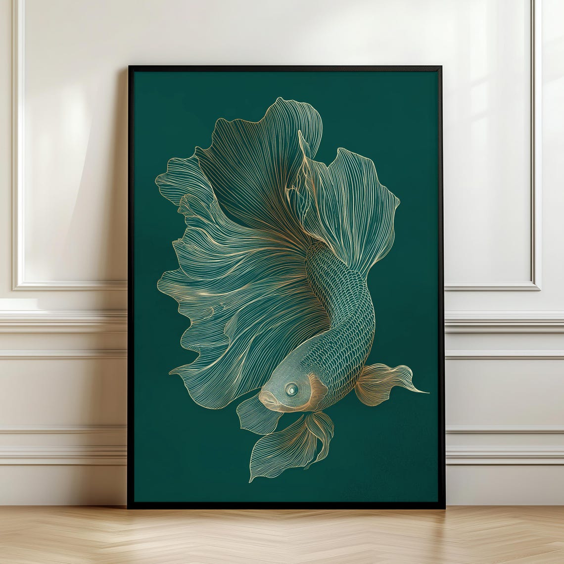 Gold Line Betta Fish Emerald Green Elegant Japanese Style Art Poster