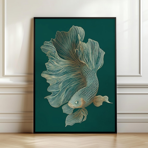 Gold Line Betta Fish Wall Art Print Emerald Green Japanese Minimalist Poster Luxury Zen Home Decor Illustration Digital Download