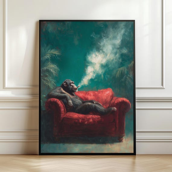 Smoking Monkey Wall Art Print Cool Lounge Chimpanzee Painting Red Chair Animal Moody Ape Decor Funny Luxury Gift Digital Download