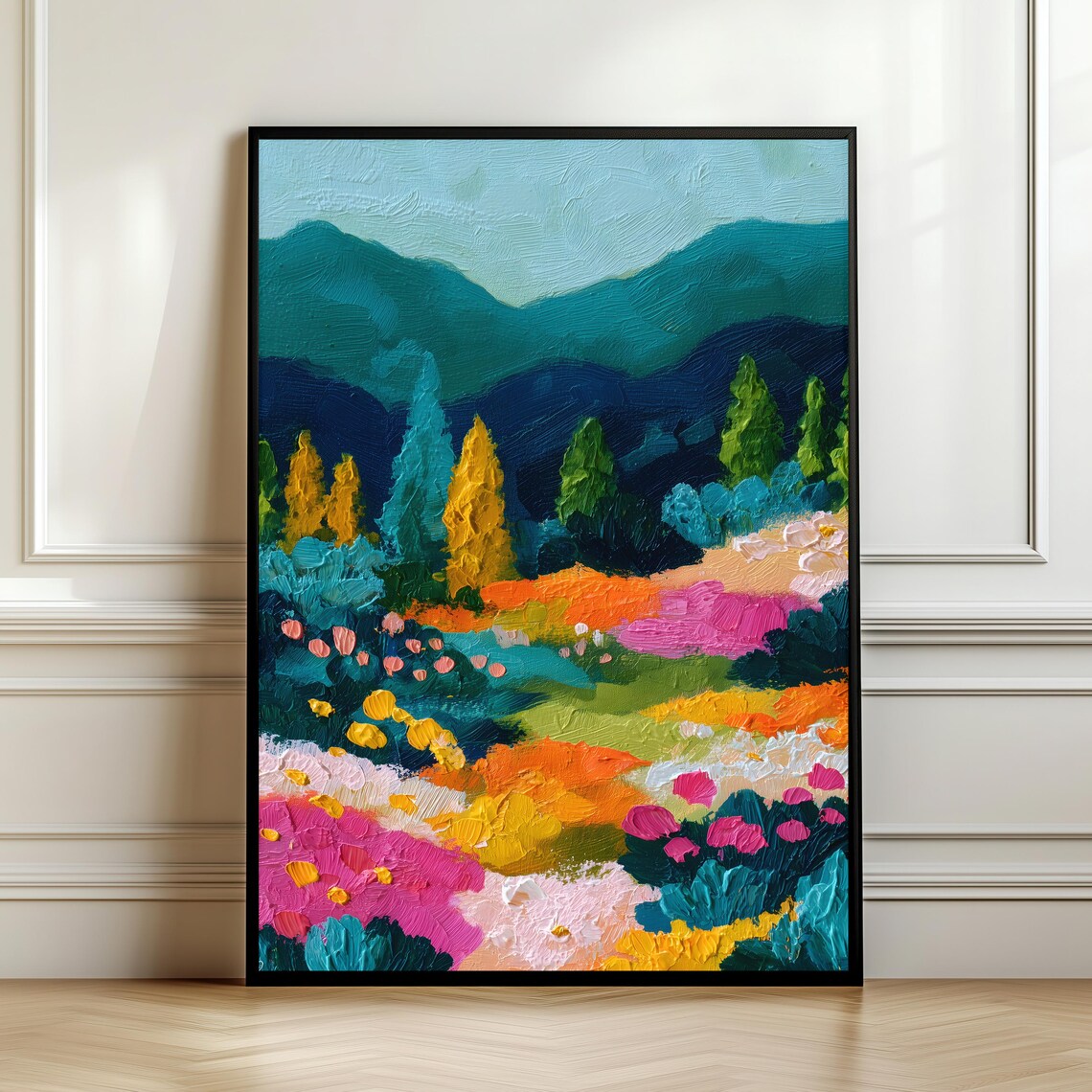 Colorful Mountain Meadow Abstract Floral Landscape Impasto Style Wall Art