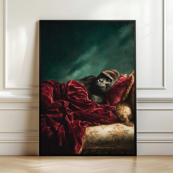 Sleeping Gorilla Wall Art Print Luxury Animal Painting Cozy Decor Velvet Blanket Elegant Wildlife Poster Digital Download