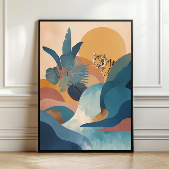 Boho Tiger Poster Abstract Landscape Wall Art Print Jungle Decor Minimalist Nature Illustration Modern Digital Download
