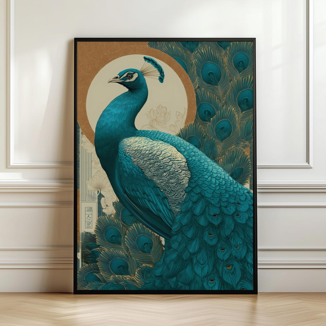Elegant Teal Peacock Japanese Inspired Art Nouveau Style Bird Wall Art
