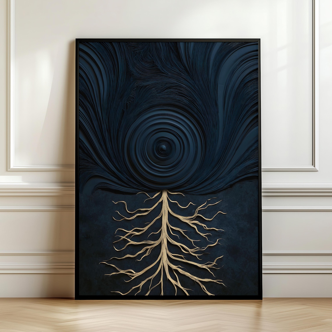 Dark Abstract Tree of Life Poster Navy Blue Gold Roots Moody Modern Art