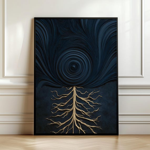Dark Abstract Tree Of Life Wall Art Gold Roots Illustration Mystical Blue Black Poster Spiritual Modern Digital Download