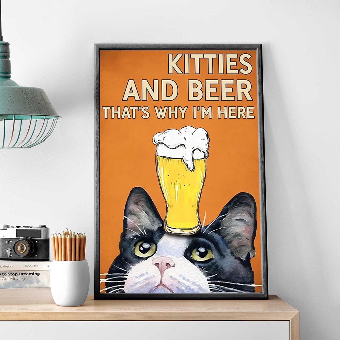 Kitties And Beer That's Why I'm Here Tuxedo Cat Beer Art Poster - Image 3