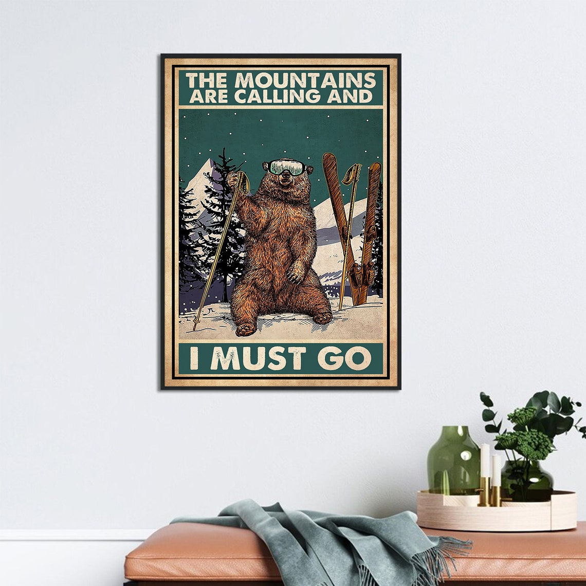 Skiing Bear The Mountains Are Calling Retro Winter Ski Poster - Image 3