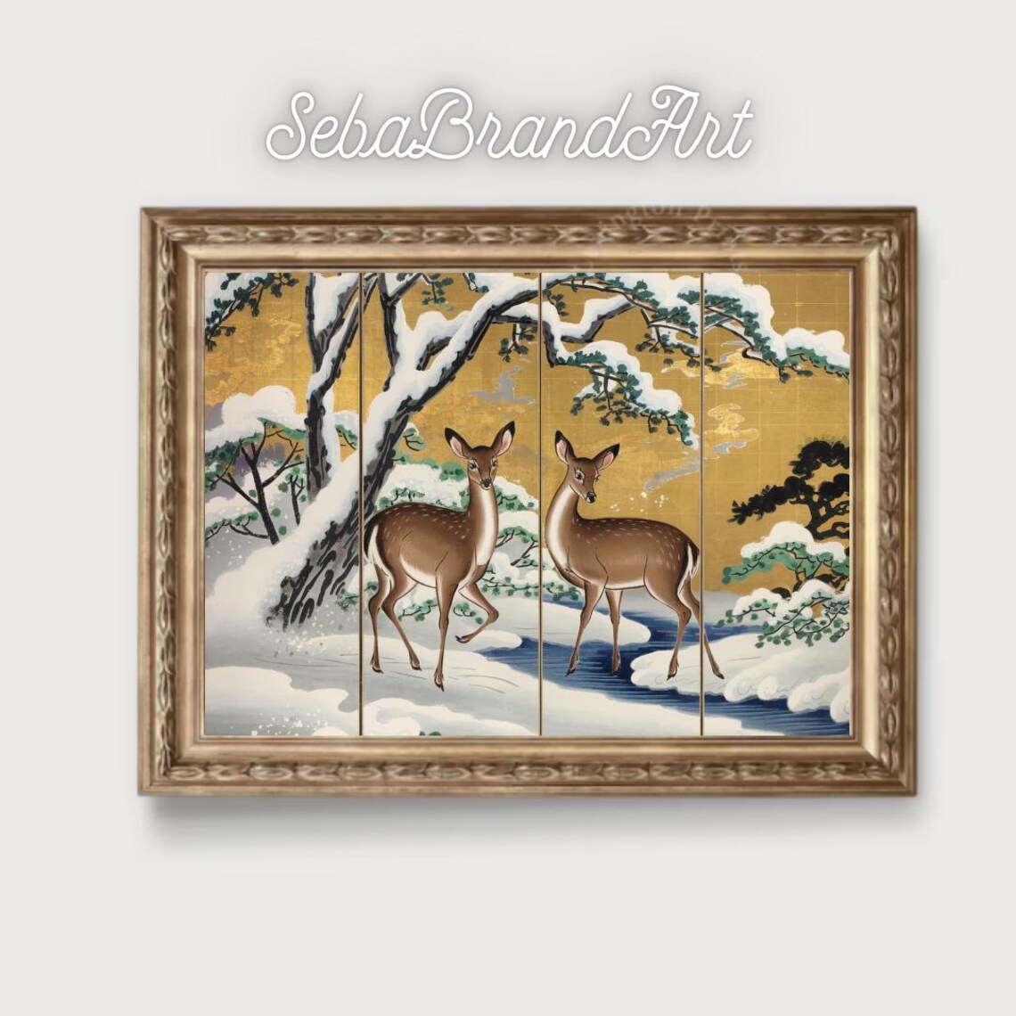 Two Deer By Snowy Stream Under Pines Gold Leaf Japanese Nature Art Print - Image 2