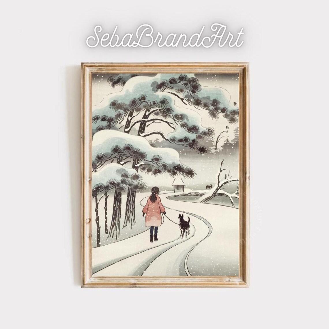 Girl Walking Dog On Snowy Path Under Pines Japanese Ukiyo E Art Poster