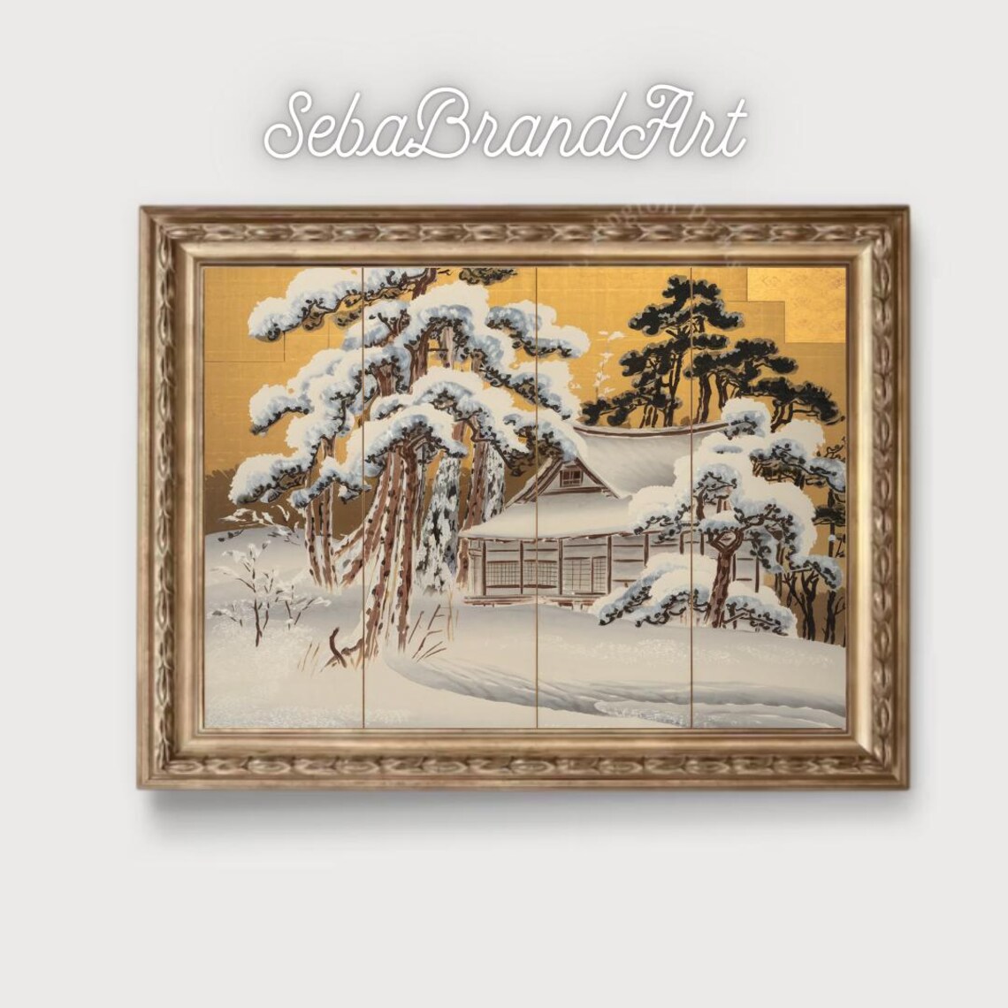 Snow Covered Japanese House Among Pines Gold Leaf Winter Art Poster - Image 2