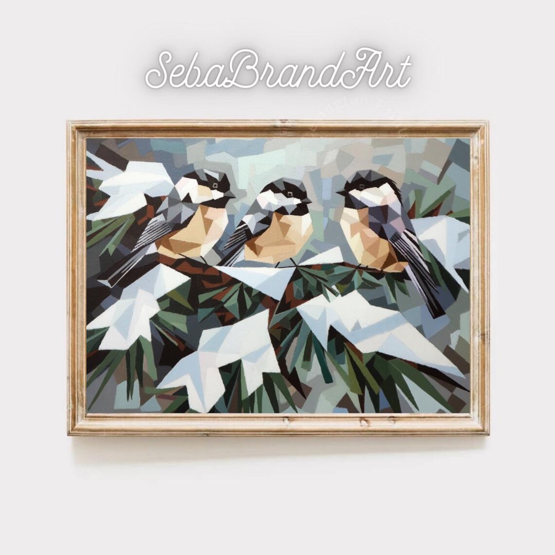 Picasso Style Cubist Winter Chickadees On Snowy Pines Modern Abstract Wall Art Instant